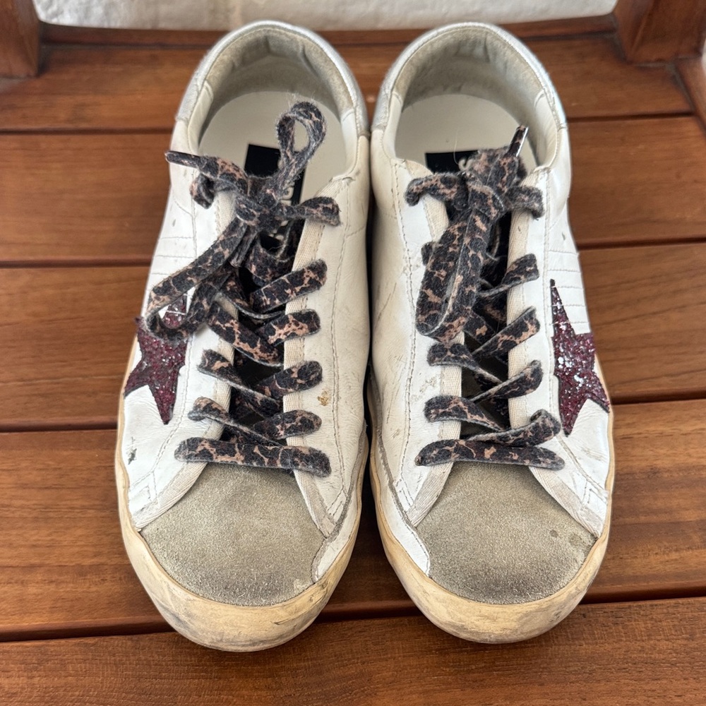 Golden Goose White and Maroon Star Sneakers